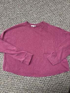 moa moa Women's Ribbed Knit Long Sleeve Pocket Sweater Top Pink L